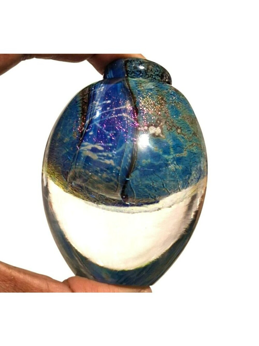 Handblown Dichroic Blue Swirl Art Glass Egg Paperweight Bud Vase Signed Elle1992